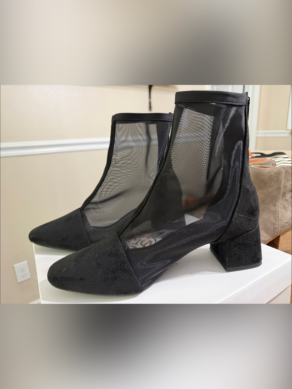 Black Mesh Block Heel Ankle Boots